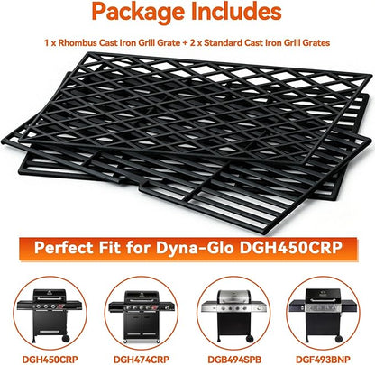 Grill Replacement Parts for Dyna-Glo 4 Burner DGH450CRP DGH451CRP, Set of 4 Porcelain Steel Grill Heat Plates Shield + 3-Pack Cast Iron Cooking Grill Grates Kit for Dyna Glo 3/4 Burner Grill