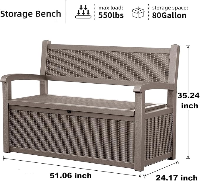 PatioZen 80 Gallon Outdoor Storage Bench Deck Box Waterproof Lockable,Outdoor Storage Furniture for Patio,Garden and Cushions(Gray)