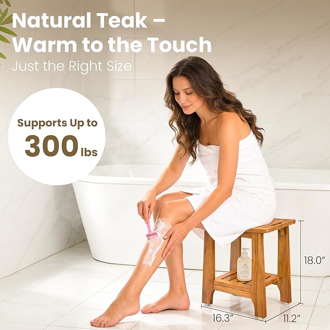 NNN 18" Standard Teak Shower Bench with Japan-Made Non-Slip Leveling Feet | US Patented Design, Marine-Grade Hardware, Pre-Oiled European Teak Oil, Ready, 300lb, for Standard Tubs Showers & Outdoor Use
