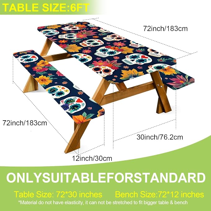 ANNA QUEEN Day of The Dead Sugar Skull 6FT Picnic Table Cover, 72"x30" 3PCS Bench and Table Cover Set, Waterproof Halloween Camping Outdoor Decor