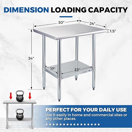 Profeeshaw Stainless Steel Prep Table 24''x30'' NSF Commercial Workbench | Metal Work Table, with Undershelf leveling feet; Heavy Duty Table for Kitchen, Restaurant, Home, Gargae, Hotel, 18-gauge 430