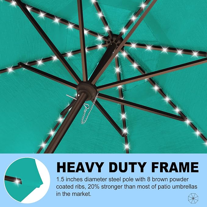 Eurmax USA 10-Year-Non-Fading 10FT Outdoor Patio Market Umbrella with LED Lights,UPF50+ UV Resistant,Heavy Duty Commercial Grade,Crank Lift Design,Windproof Vented Top for Garden,Pool,Deck,Teal