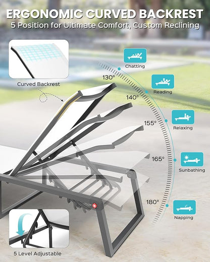 Aluminum Chaise Lounge Chair Outdoor, Foldable& No Assembly Patio Pool Lounge Chairs 5-Position Recliner for Outside, Fully Grounded Legs Sun Lounger for Poolside, Bright White, 2 Pack