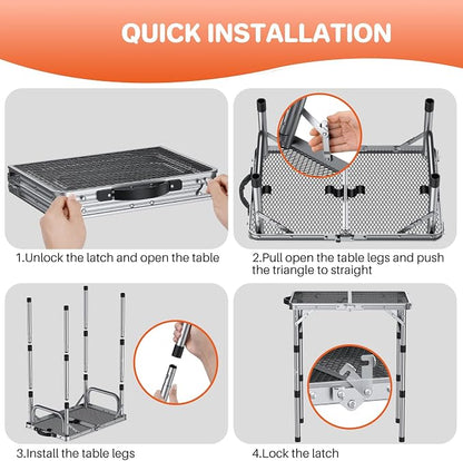 FUNYKICH Folding Grill Table for Outside, 3 Height Adjustable Portable Camping Tables, Lightweight Metal Aluminum Outdoor Table with Portable Handle for Camping, Picnic, BBQ, 23''x16'', Silver