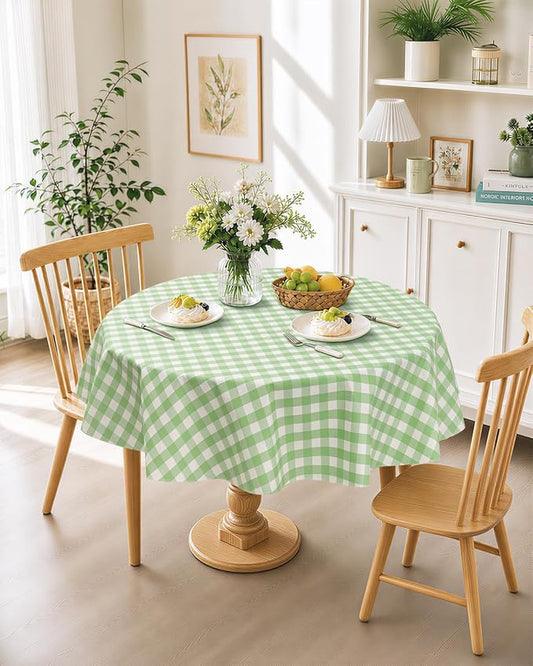 Seenus Flannel Backed Gingham Plastic Tablecloth, Waterproof & Wipe Clean Light Green Checkered Round Table Cover for Family Gathering and Patio Dining, 70 Inch Round (Fits 40-58" Tables)