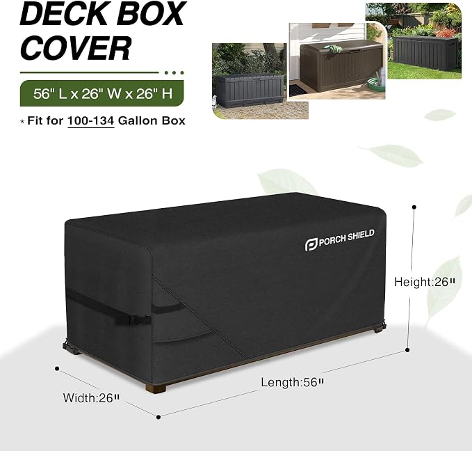 Porch Shield Patio Deck Box Storage Cover - 600D Outdoor Waterproof Cover for 100-134 Gallon Box Tear Resistant Rectangular Fire Pit Table Covers 56 x 26 x26 inch Black