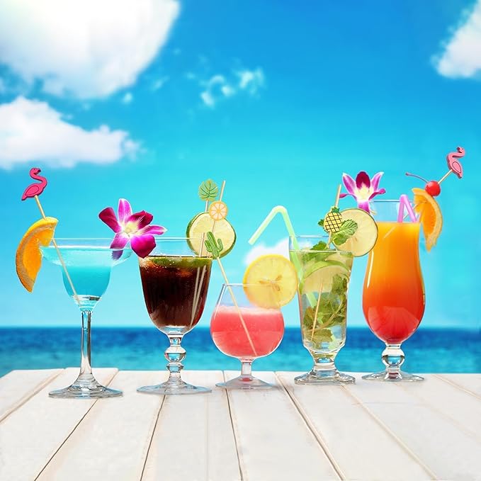 150 PCS Hawaiian Appetizer Picks Tropical Cocktail Toothpicks Party Decorations for Drinks Bamboo Charcuterie Skewers Flamingo Pineapple Palm Leaf Orange Cactus Sticks for Food Luau Hawaii Beach