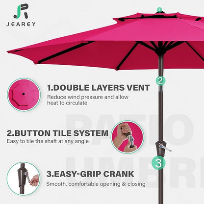 JEAREY 9' 2-Tiers Patio Umbrellas Outdoor Table Market Umbrella w/Push Button Tilt/Crank, 8 Sturdy Ribs, UV Protection Waterproof Sunproof(Rose Pink)