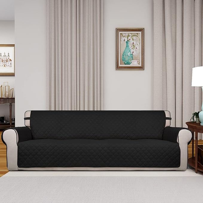 PureFit Reversible Quilted Couch Covers for Dogs Sofa Cover 4 Seater 88" | Black/Black, Water Resistant Couch Protector, Washable Pet Couch Cover with Non Slip and Elastic Straps For Kids