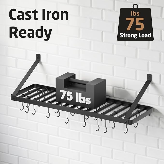 KES 75 lb High-Capacity Pot Rack Wall Mounted with Pot Lid Holder 34 Inch | Heavy Duty Pots and Pans Hanging Rack with 3X Thick One-Piece Frame & 20 Hooks, Drilling Template Provided, Matte Black