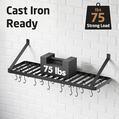 KES 75 lb High-Capacity Pot Rack Wall Mounted with Pot Lid Holder 34 Inch | Heavy Duty Pots and Pans Hanging Rack with 3X Thick One-Piece Frame & 20 Hooks, Drilling Template Provided, Matte Black