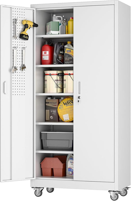 Aobabo Metal Storage Cabinet with Wheels, Steel Locking Cabinet with Pegboard Doors, Garage Cabinet for Office Pantry, 5 Adjustable Shelves, 16" D x 32" W x 71" H,Required-Assembly,White