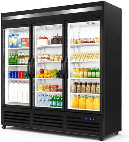 71” Wide Commercial Beverage Refrigerator Display Fridge, Three Glass Door Merchandiser Drink Cooler With LED Light 9 Adjustable Shelves,ETL Sanitation,63.5 Cu Ft,BLACK,Wheels Included