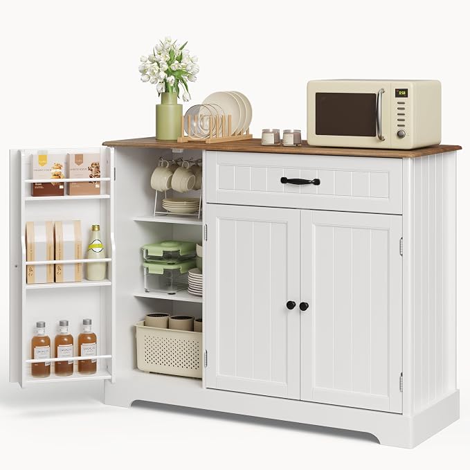 Coffee Bar, Storage Cabinet, White and Rustic | Buffet Cabinet, Sideboard Cabinet with Internal Storage Shelf for Dining Room, Kitchen, Living Room, Kitchen and Laundry Room
