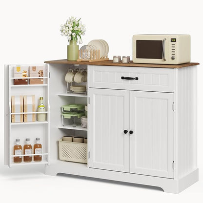 Coffee Bar, Storage Cabinet, White and Rustic | Buffet Cabinet, Sideboard Cabinet with Internal Storage Shelf for Dining Room, Kitchen, Living Room, Kitchen and Laundry Room