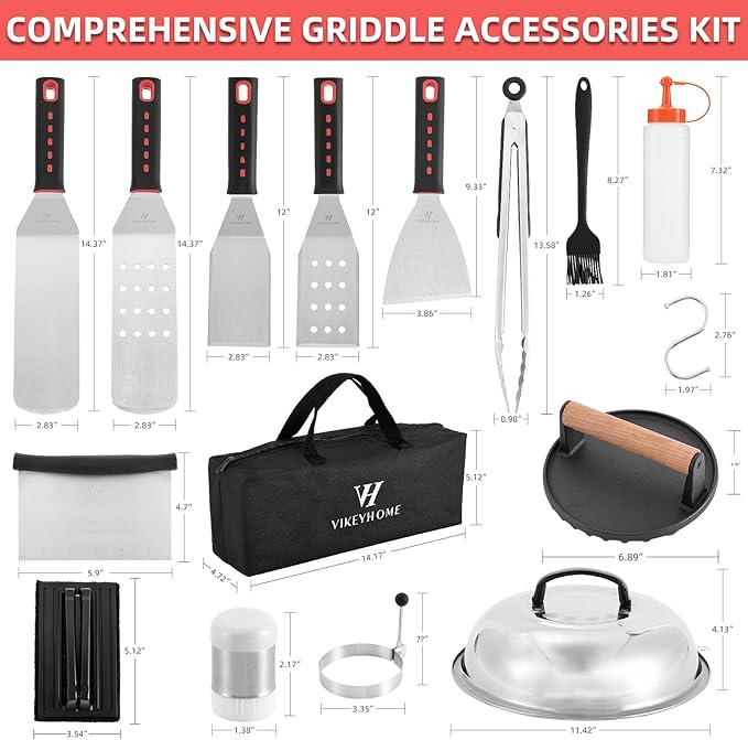 VIKEYHOME Griddle Accessories Kit, 28 Pcs Flat Top Grill Accessories Set for Blackstone, Professional Grill BBQ Spatula Set with Basting Cover, Spatula, Scraper, Bottle, Tongs, Egg Ring