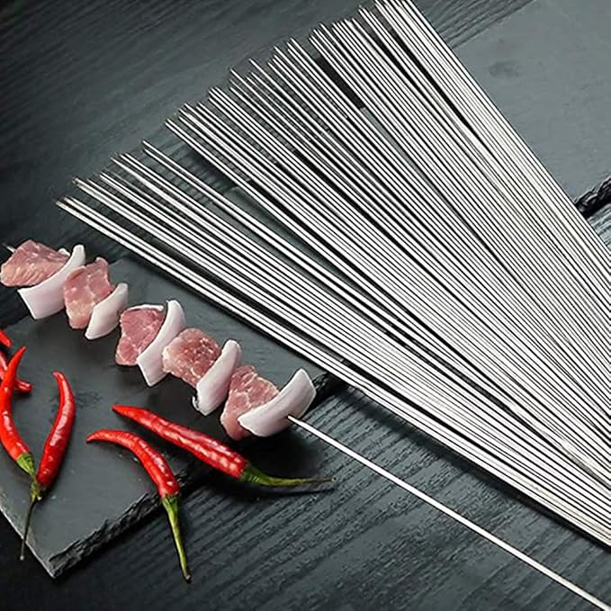BigOtters 13.4" Barbecue Skewers, 100PCS Metal Skewers for Grilling, BBQ, Reusable Needle Sticks for Meat, Shrimp, Chicken, Vegetable, Kitchen, Party, Outdoor Cooking, with Portable Metal Storage Tube
