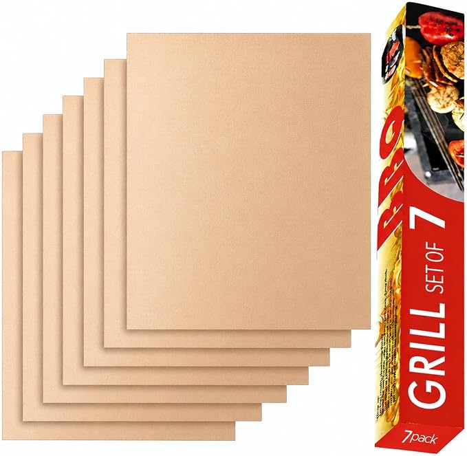 Copper Grill Mats for Gas Grill, Set of 7, 15.75 x 13 Inch | Non-Stick Copper Sheets for Outdoor Grill Cooking and Grilling