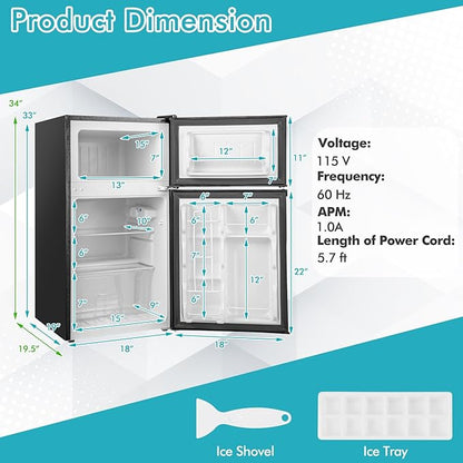 COSTWAY Compact Refrigerator, 3.2 Cu.Ft. Fridge Freezer Compartment with Reversible 2 Door, Adjustable Thermostat, Removable Glass Shelves, Mini Refrigerator for Bedroom Dorm Apartment, Black