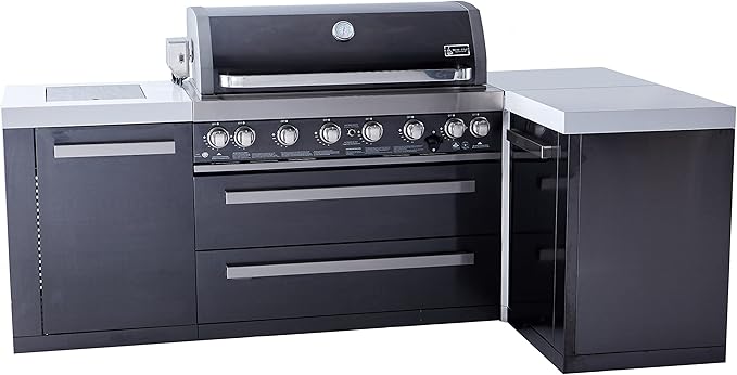 Mont Alpi Premium 94"W x 50"D Black Stainless Steel L-shaped Modular Outdoor Kitchen Island + Infrared Side & Rear Burner + 44"W 6-Burner BBQ Grill + Granite Countertops + Storage Cabinets & Drawers