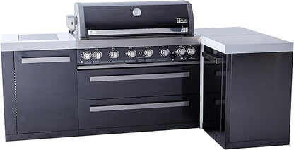 Mont Alpi Premium 94"W x 50"D Black Stainless Steel L-shaped Modular Outdoor Kitchen Island + Infrared Side & Rear Burner + 44"W 6-Burner BBQ Grill + Granite Countertops + Storage Cabinets & Drawers