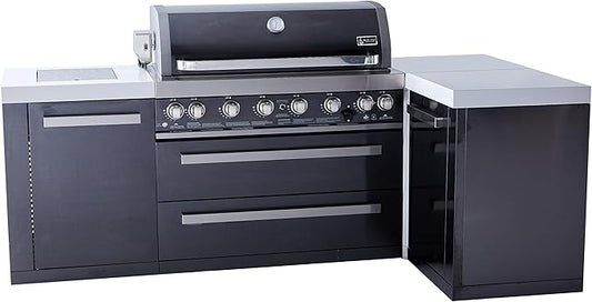 Mont Alpi Premium 94"W x 50"D Black Stainless Steel L-shaped Modular Outdoor Kitchen Island + Infrared Side & Rear Burner + 44"W 6-Burner BBQ Grill + Granite Countertops + Storage Cabinets & Drawers