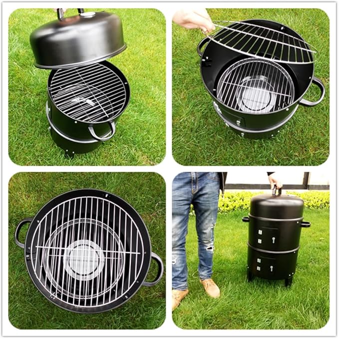 3 in 1 Portable Charcoal Grills, Vertical 20 Inch Steel Charcoal Smoker, Outdoor BBQ Smoker with Dual Cooking Grates & Temperature Control Dampers for Garden Camping Outdoor Cooking and Grilling