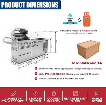 84" Modular Outdoor Kitchen Island, 75,300 BTU 6-Burner 304 Stainless Steel Gas Grill, Prefab BBQ Island Station with Side Burner, Rotisserie Kit, 70L Fridge & Sink, Propane to Natural Gas Ready