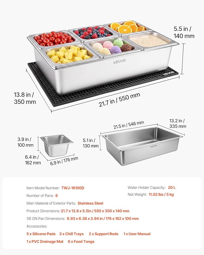 VEVOR Countertop Food Serving Display Container, Stainless Steel Food Salad Server Tray, Buffet Condiment Dispenser, Ice Cooled Rack with Separate Lid, for Restaurant, Hotel, Party (6x1/6 Pan)