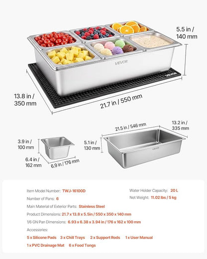 VEVOR Countertop Food Serving Display Container, Stainless Steel Food Salad Server Tray, Buffet Condiment Dispenser, Ice Cooled Rack with Separate Lid, for Restaurant, Hotel, Party (6x1/6 Pan)