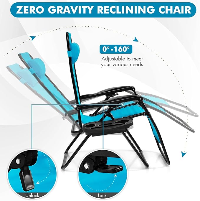 Giantex Zero Gravity Reclining Chair, Outdoor Patio Recliner with Cup Holder & Removable Pillow, Adjustable Backrest, Indoor Lounge Chair for Backyard, Garden, Poolside (Blue)