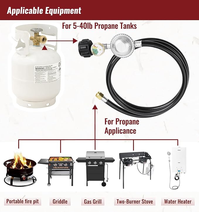 CALPOSE 6 Feet Propane Hose with Regulator & Gauge, Universal Gas Grill Regulator for Blackstone 28''/36'' Griddle, Weber Grill, Propane fire Pit and More, 3/8" Female Flare for Most LP Gas Grills