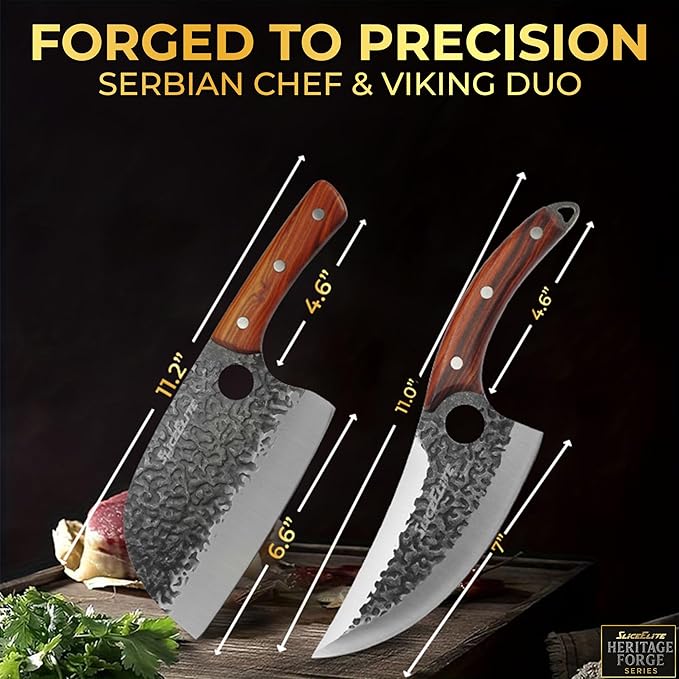 SliceElite Heritage Forge Series 2PCS Hand-Forged Serbian Chef & Viking Duo Kitchen Tool Meat Cleaver Chopping Knife Outdoor Cooking BBQ Butcher Set Forged Cooking Knives Great Knife for Men and Women