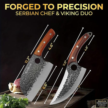 SliceElite Heritage Forge Series 2PCS Hand-Forged Serbian Chef & Viking Duo Kitchen Tool Meat Cleaver Chopping Knife Outdoor Cooking BBQ Butcher Set Forged Cooking Knives Great Knife for Men and Women