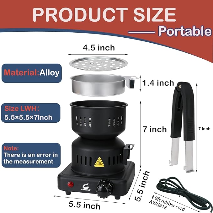 Charcoal Starter - Coal Burner for Cubes Hot Plate Durable Faster Electric Coal Stove 120V~600W Charcoal Burner with Detachable Handle Stainless Steel Grill & Rack Smart Heat Control for BBQ Kitchen