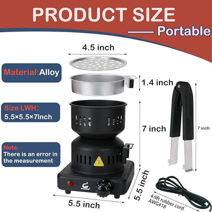Charcoal Starter - Coal Burner for Cubes Hot Plate Durable Faster Electric Coal Stove 120V~600W Charcoal Burner with Detachable Handle Stainless Steel Grill & Rack Smart Heat Control for BBQ Kitchen