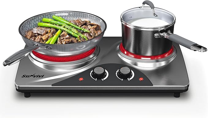 Sunvivi 1800W Dual Burner Portable Electric Ceramic Stove – Knob Control, Indicator Light, Compatible with All Cookware, Ideal for Multiple Cooking Scenarios, Silver