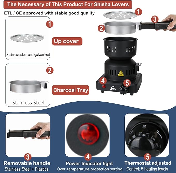 Charcoal Starter - Coal Burner for Cubes Hot Plate Durable Faster Electric Coal Stove 120V~600W Charcoal Burner with Detachable Handle Stainless Steel Grill & Rack Smart Heat Control for BBQ Kitchen