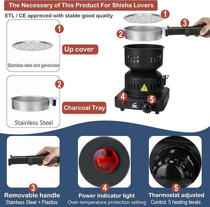 Charcoal Starter - Coal Burner for Cubes Hot Plate Durable Faster Electric Coal Stove 120V~600W Charcoal Burner with Detachable Handle Stainless Steel Grill & Rack Smart Heat Control for BBQ Kitchen