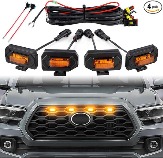 Seven Sparta 4 PCS Grill Led Lights with Fuse Adaptor Compatible with 2020-2023 Toyota Tacoma TRD Off Road & Sport OEM Front Grille, Half-Cover (Amber Light with Amber Shell)