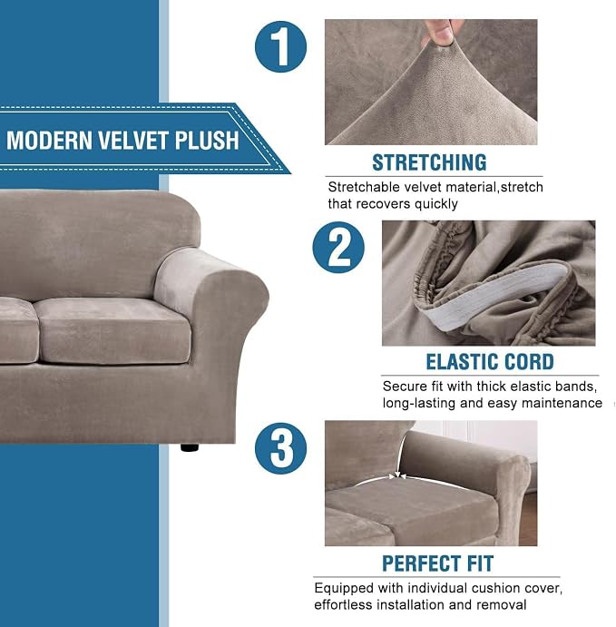 H.VERSAILTEX Modern Velvet Plush High Stretch Sofa Slipcover Furniture Protector Form Fit Luxury Thick Sofa Cover for 3 Cushion Couch, Machine Washable Width Up to 90 Inch (Sofa,Taupe), 4 Piece