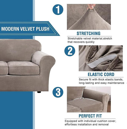 H.VERSAILTEX High Stretch Sofa Slipcover 4 Piece Cover Velvet Furniture Protector Form Fit Thick Velvet Extra Large Sofa Cover for 3 Cushion Couch Width Up to 97 Inch (Large Sofa, Taupe)