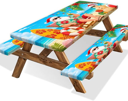 Picnic Table Cover with Bench Covers and Bag, Santa with Coconut Drink Camping Table Camping Essentials Cover with Elastic Edges for Indoor, Outdoor, Garden, 3Pcs, 30x96 Inch