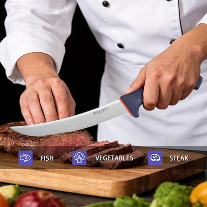 8 Inch Curved Breaking Knife for Meat Cutting - Non-Slip Softgrip Handle with Ultra Sharp Blade, Multi-Purpose Butcher Knife for Steak, Ribs, X50CrMoV15 Stainless Steel
