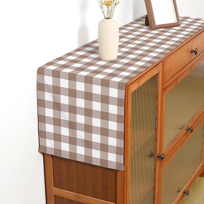 Khaki Gingham Table Runner Light Brown and White Checkered Birthday Wedding Baby Shower Party Decoration BBQ Picnic Home Kitchen Table Decor (Khaki, 13" x 108")