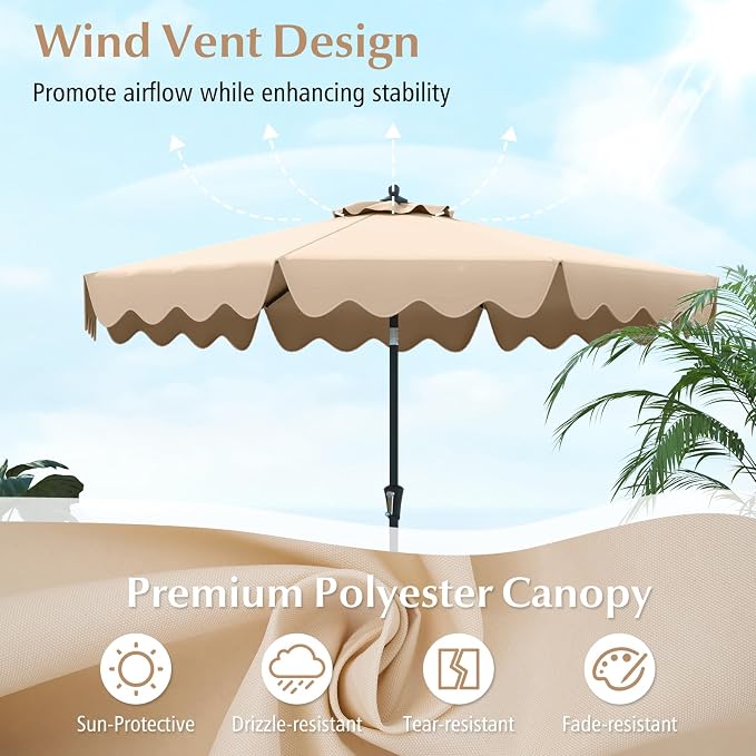Tangkula 9Ft Patio Umbrella with Crank, 2-Tier Outdoor Umbrella with Push Button Tilt, Sun-Protective Canopy, 8 Ribs, Scalloped Patio Umbrella for Outdoor Beach Deck Pool Table (Beige)