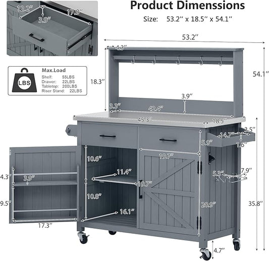 Outdoor Kitchen Island with High Shelf, 53.2" Potting Bench Table with Stainless Steel Top, Storage Cabinet & Lockable Wheels, Solid Wood Grill Cart for BBQ Garden