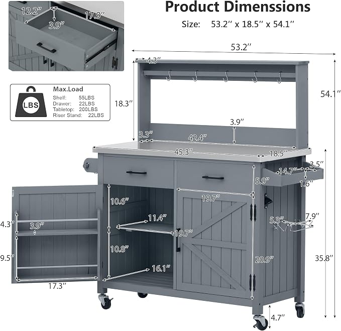 Outdoor Kitchen Island with Stainless Steel Top, 54.1 Inch | Solid fir wood frame, 201 stainless steel surface, high shelf, 10 hooks, side racks, lockable wheels, for BBQ, patio, garden
