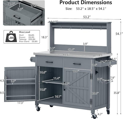 Outdoor Kitchen Island with Stainless Steel Top, 54.1 Inch | Solid fir wood frame, 201 stainless steel surface, high shelf, 10 hooks, side racks, lockable wheels, for BBQ, patio, garden