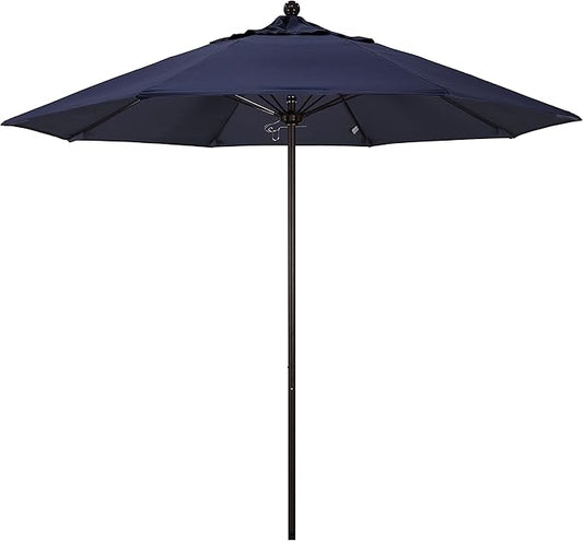 California Umbrella 9' Round Aluminum/Fiberglass Umbrella, Push Open, Bronze Pole, Sunbrella Navy Fabric